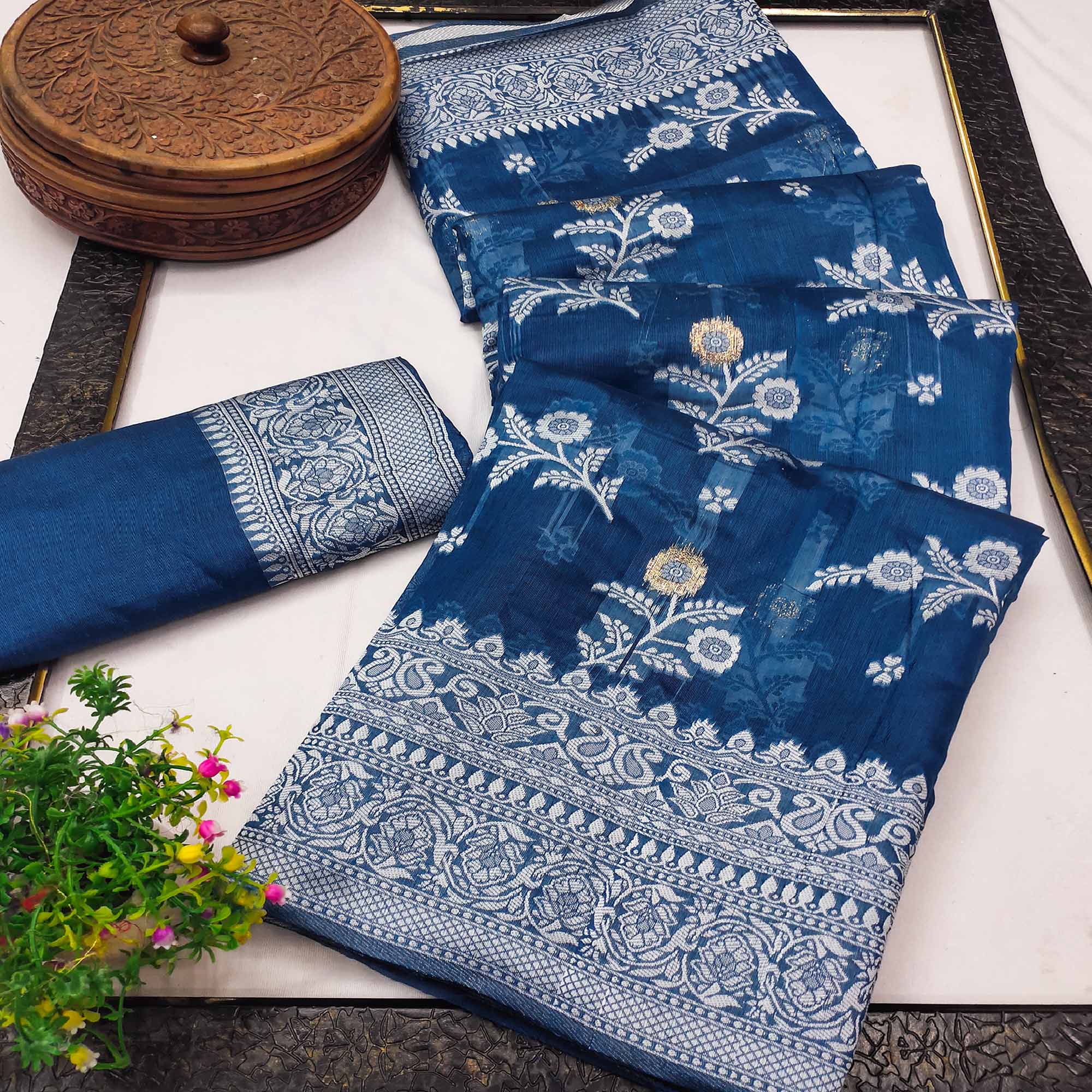 Festive Wear Teal Banarasi Silk Saree with Floral Zari Work