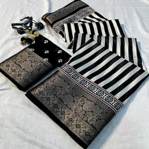 White & Black Woven Border Striped Print Dola Silk Saree for Festive Wear