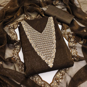 Deep Brown Party Wear Shimmer Dress Material with Floral Embellishment