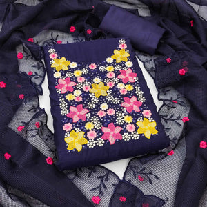 Blue Cotton Blend Unstitched Dress Fabric Featuring Delicate Floral Embroidery