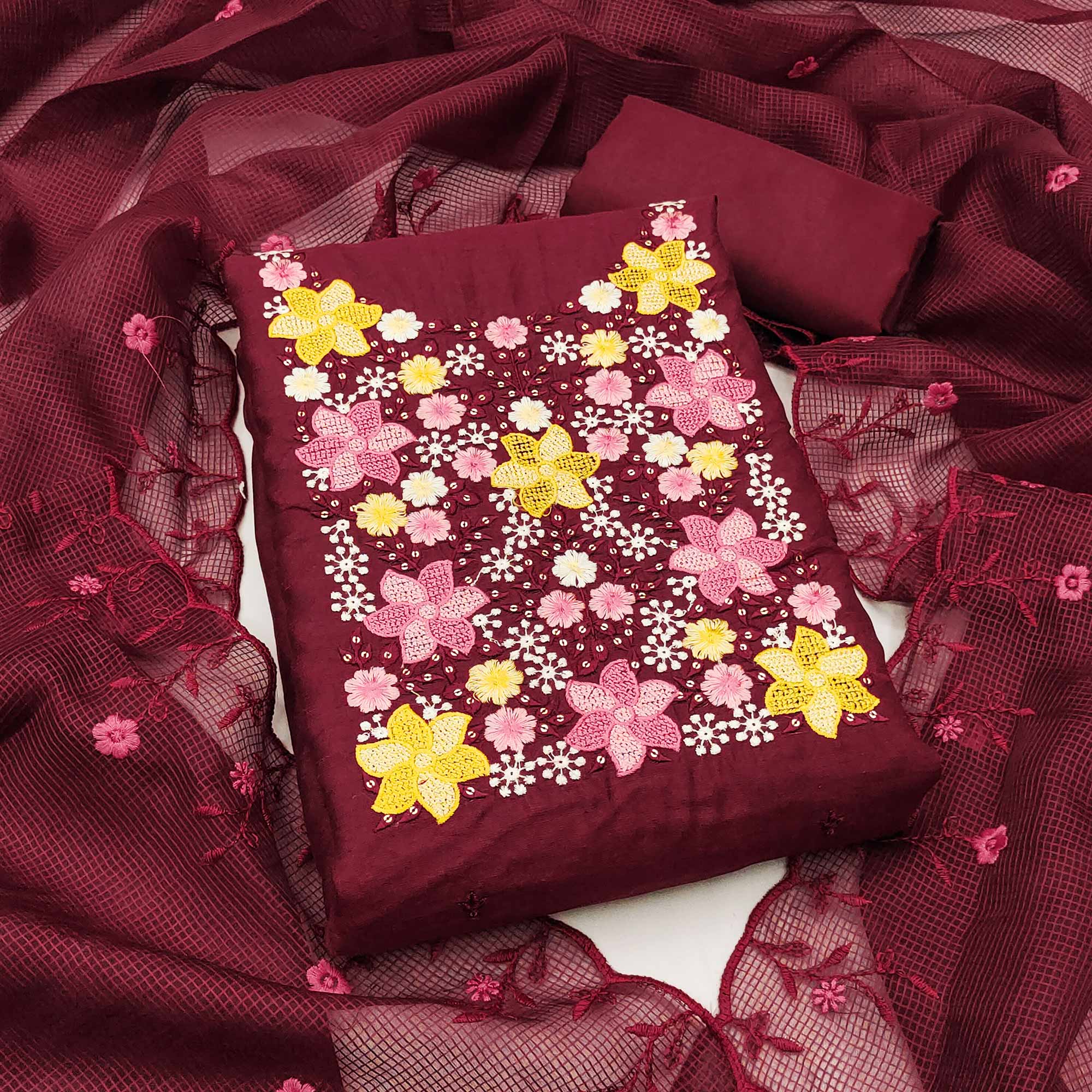 Maroon Cotton Blend Unstitched Dress Fabric Featuring Delicate Floral Embroidery