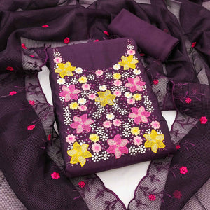 Wine Cotton Blend Unstitched Dress Fabric Featuring Delicate Floral Embroidery