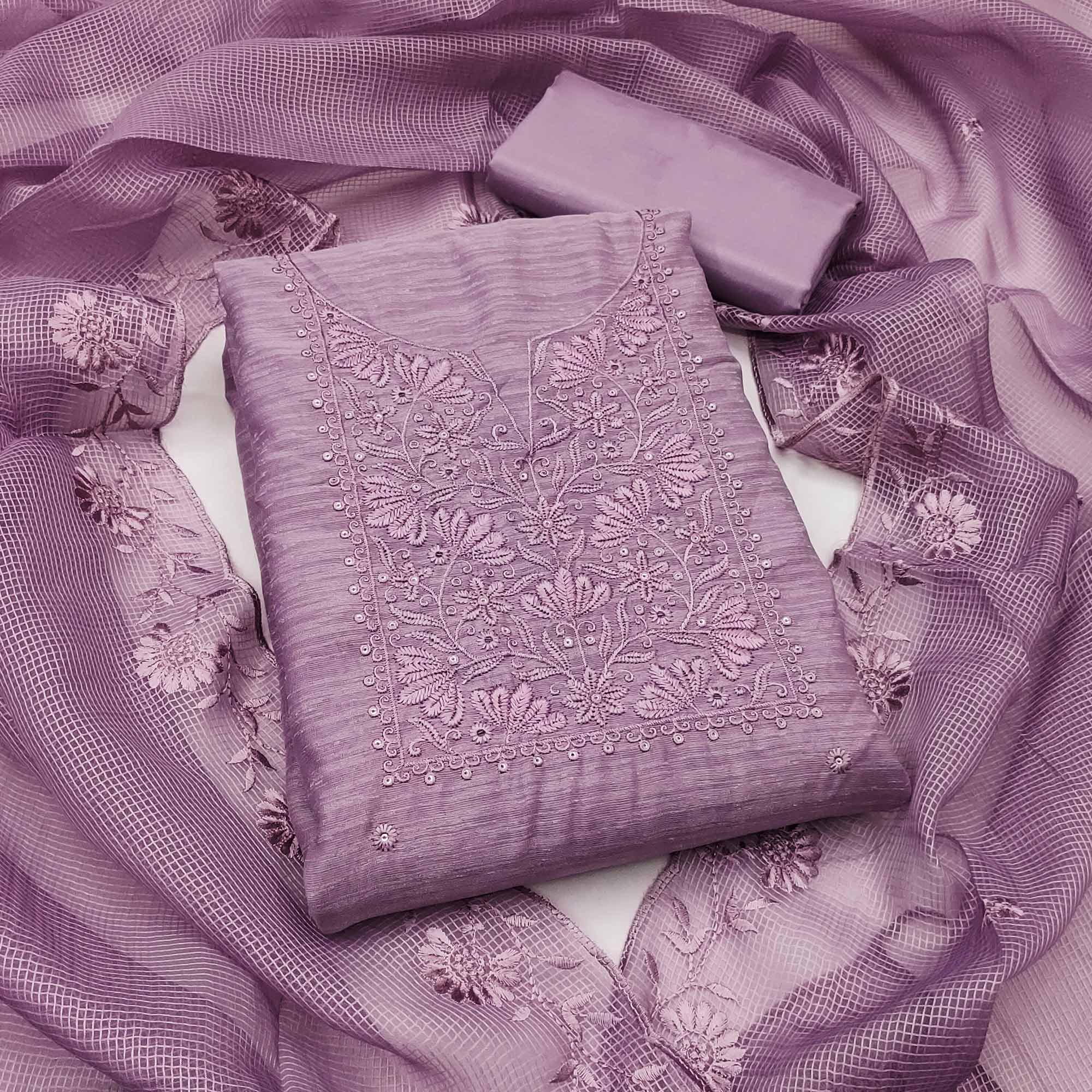 Festive Wear Lavender Floral Embroidered Unstitched Cotton Blend Dress Material
