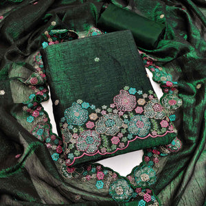 Festive Unstitched Green Cotton Blend Dress Material with Floral Embroidery