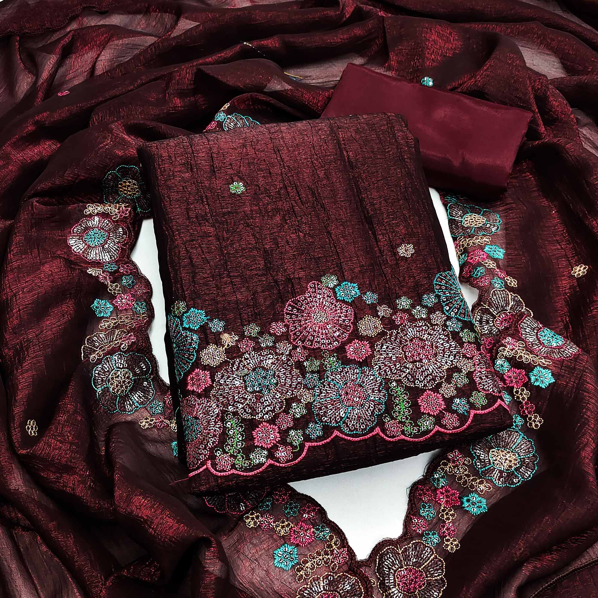 Festive Unstitched Wine Cotton Blend Dress Material with Floral Embroidery