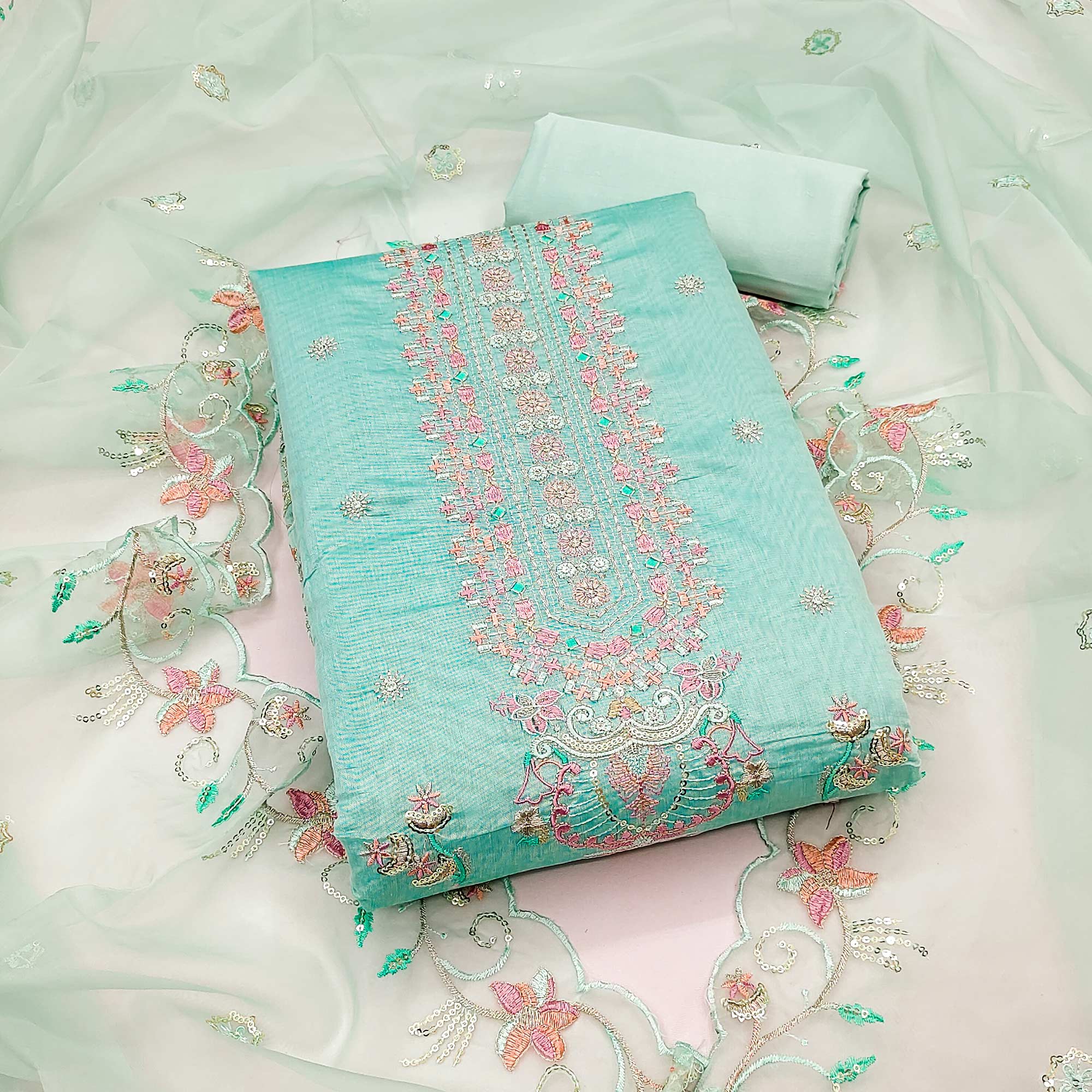 Turquoise Unstitched Chanderi Silk Dress Material with Delicate Sequins Work