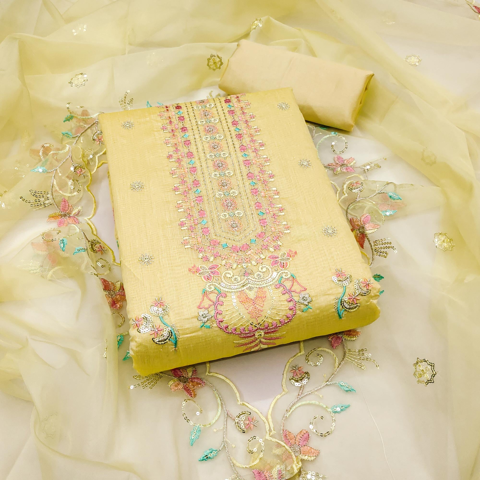 Yellow Unstitched Chanderi Silk Dress Material with Delicate Sequins Work