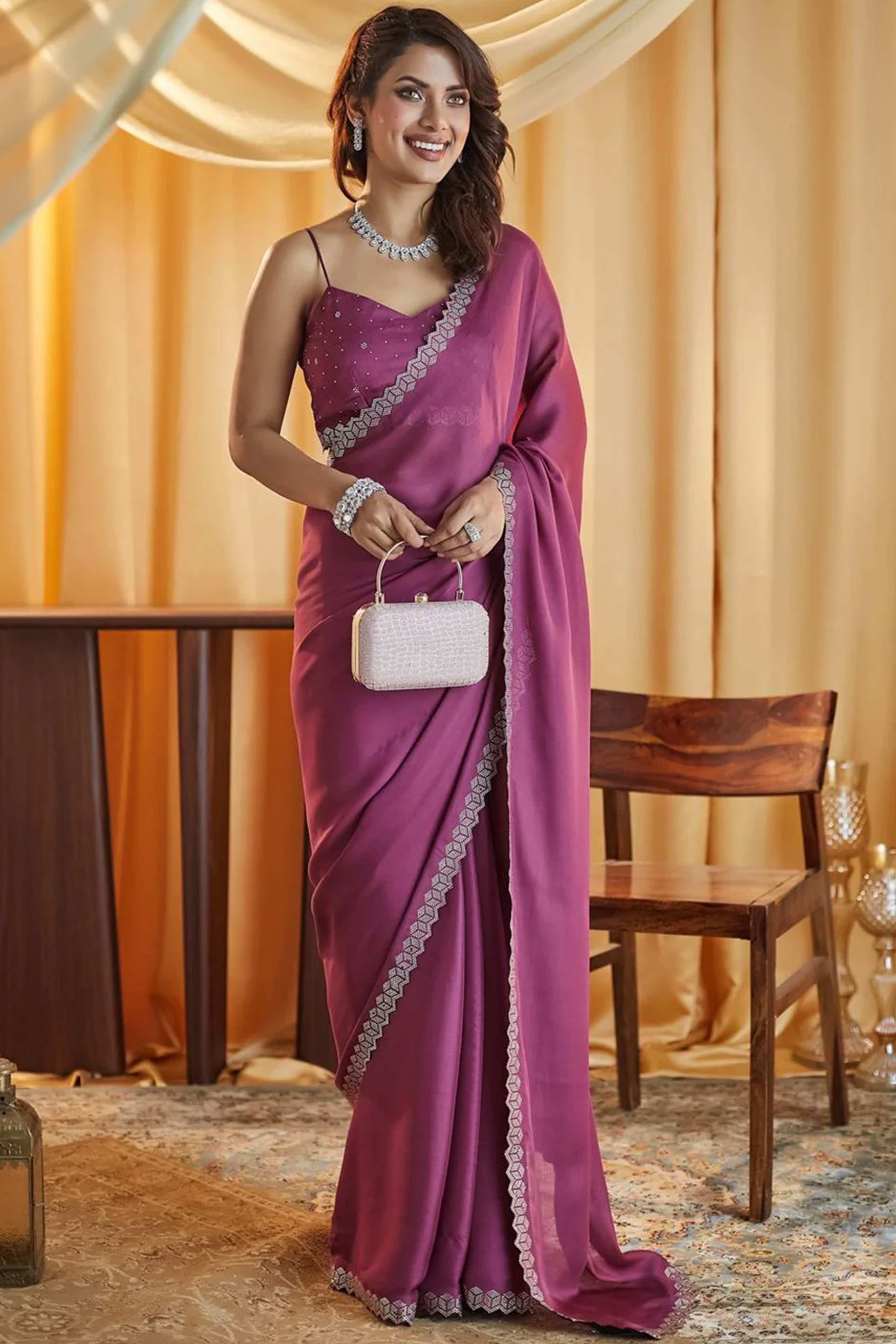 Partywear Mauve Chiffon Saree Adorned with Sparkling Stones
