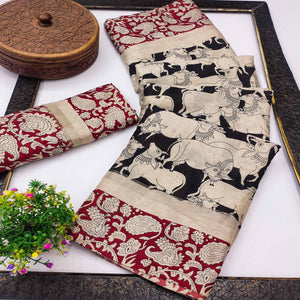 Black & Red Cotton Blend Saree Featuring Artistic Animal And Floral Print Fusion