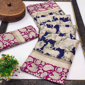 Blue & Pink Cotton Blend Saree Featuring Artistic Animal And Floral Print Fusion