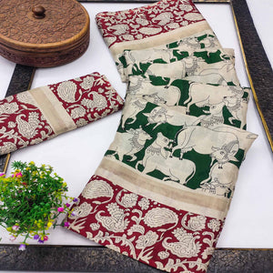Green & Maroon Cotton Blend Saree Featuring Artistic Animal And Floral Print Fusion