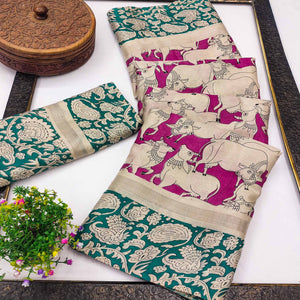 Pink & Rama Cotton Blend Saree Featuring Artistic Animal And Floral Print Fusion