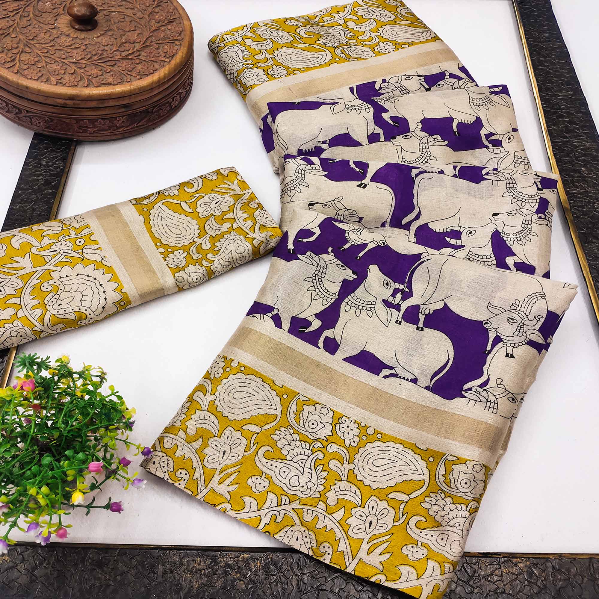 Purple & Yellow Cotton Blend Saree Featuring Artistic Animal And Floral Print Fusion