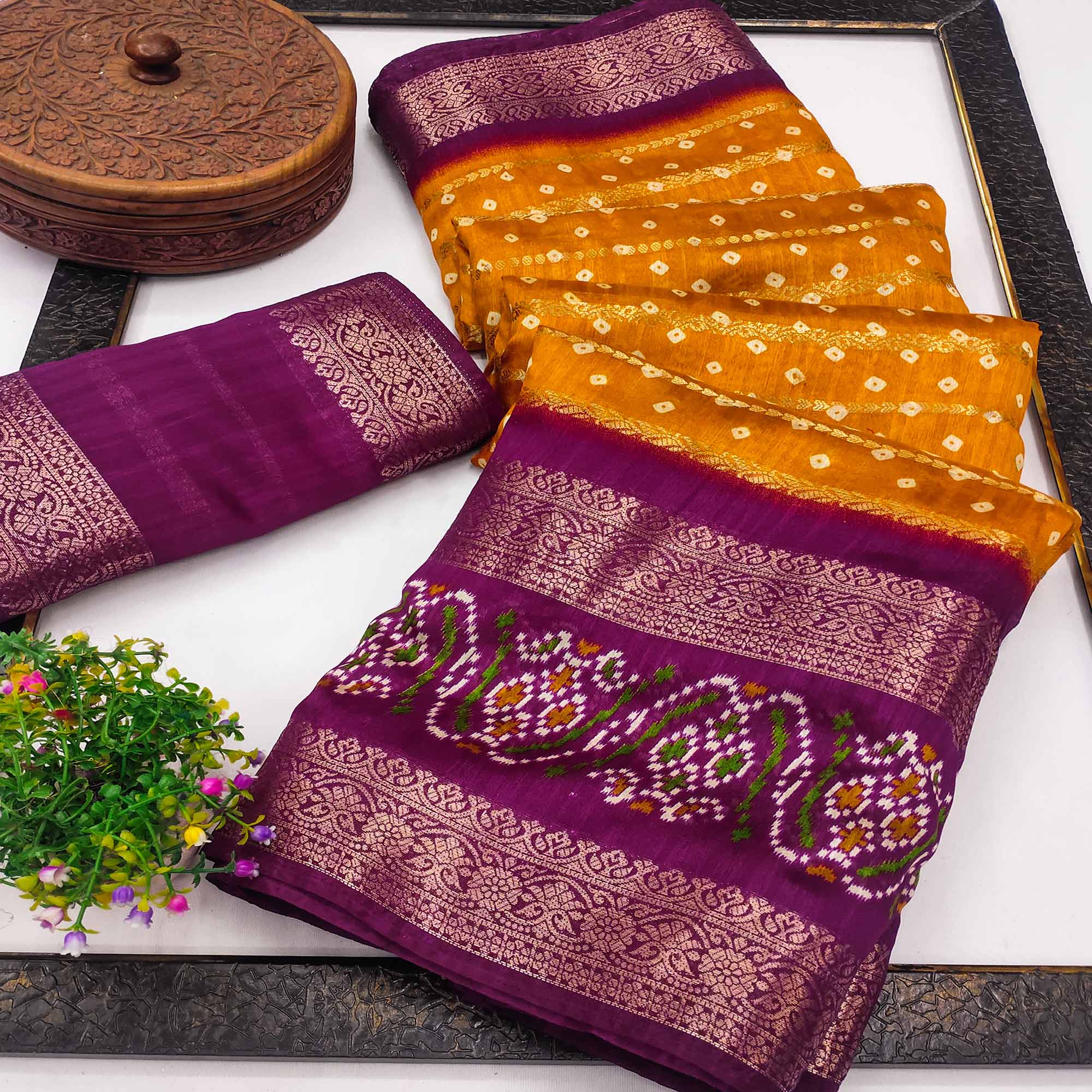Mustard Dola Silk Saree With Traditional Bandhani Motifs & Intricate Zari Weaving Elegance