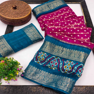 Pink Dola Silk Saree With Traditional Bandhani Motifs & Intricate Zari Weaving Elegance