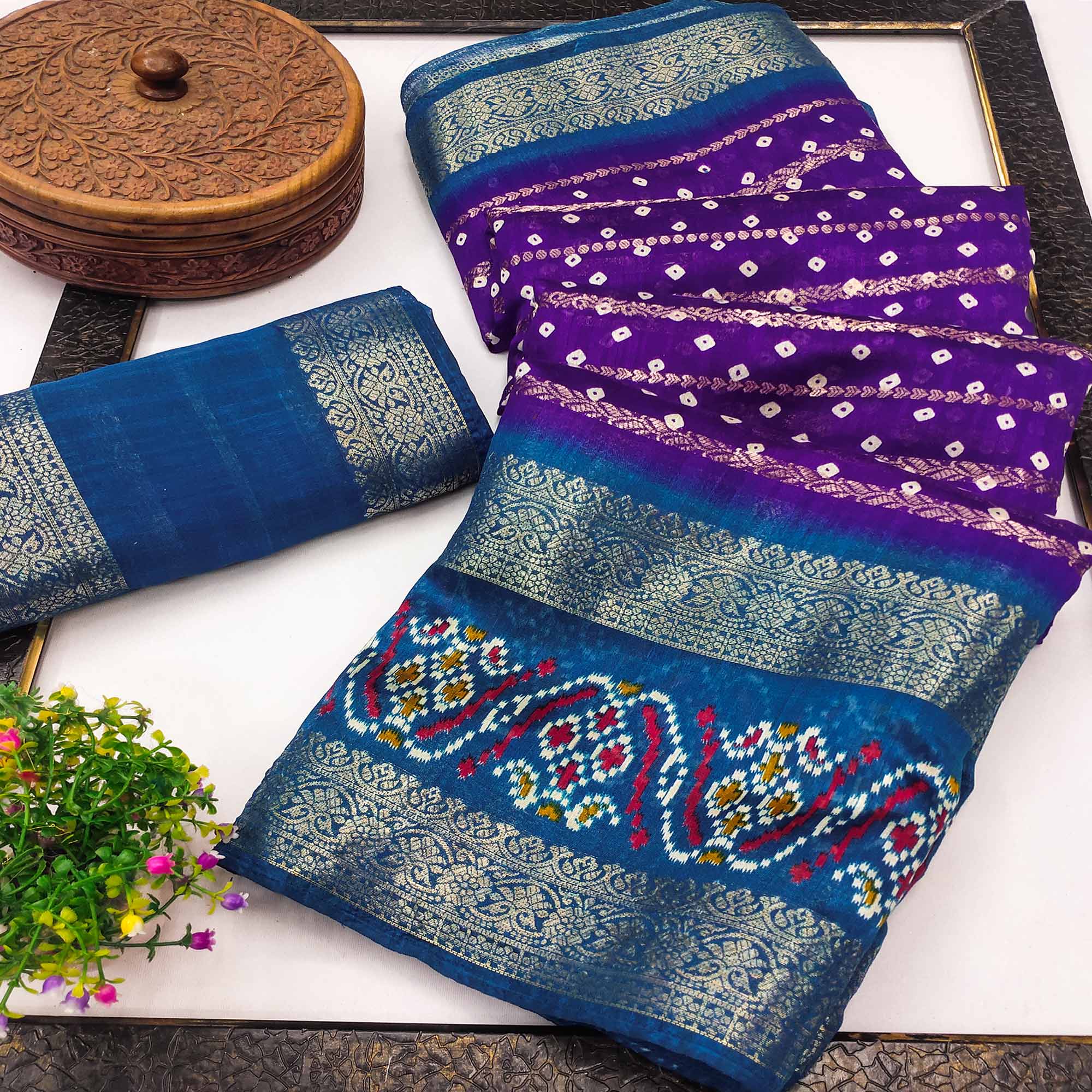Purple Dola Silk Saree With Traditional Bandhani Motifs & Intricate Zari Weaving Elegance