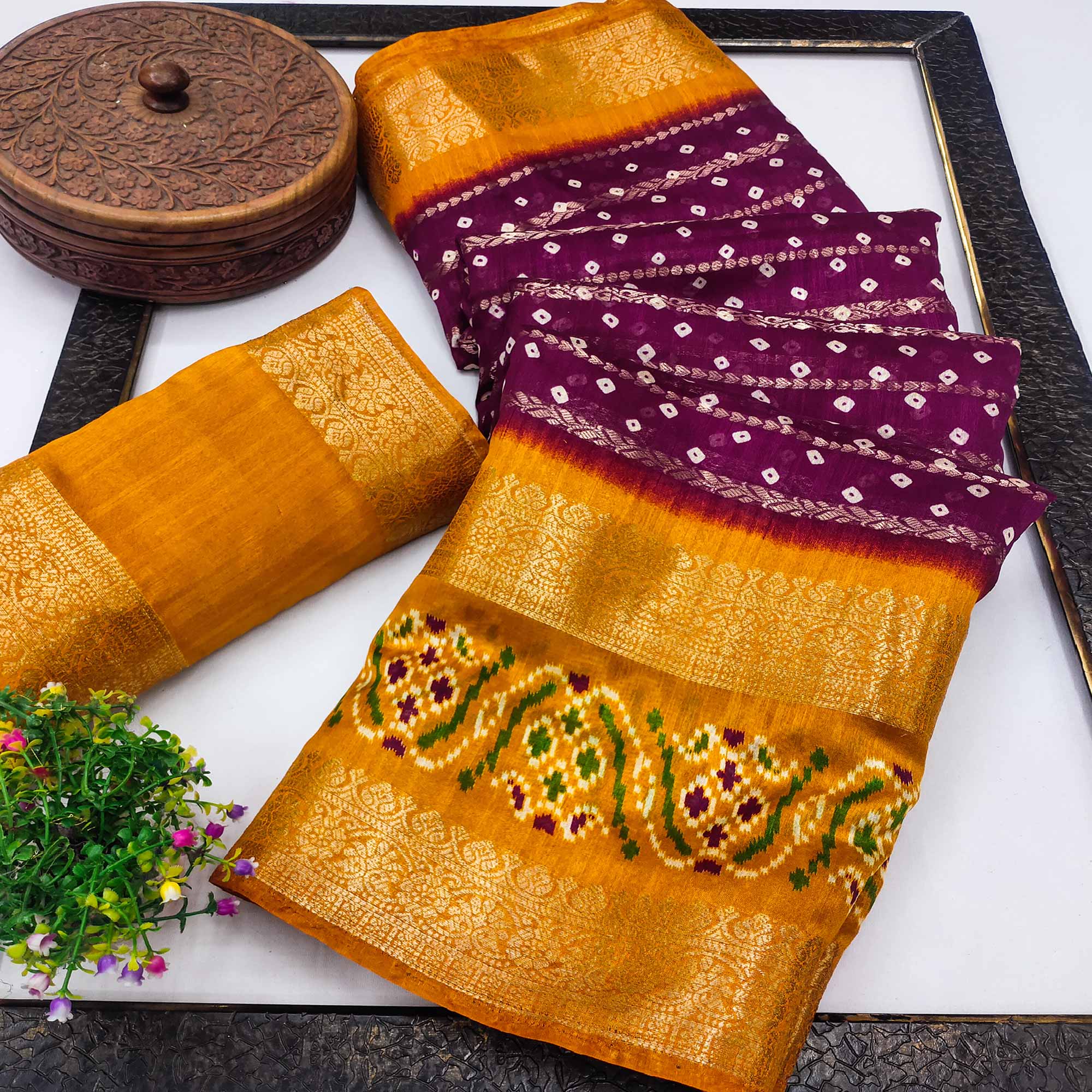 Wine Dola Silk Saree With Traditional Bandhani Motifs & Intricate Zari Weaving Elegance