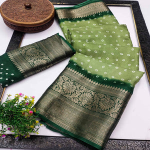 Green Bandhani Design Dola Silk Saree with Classic Zari Detailing