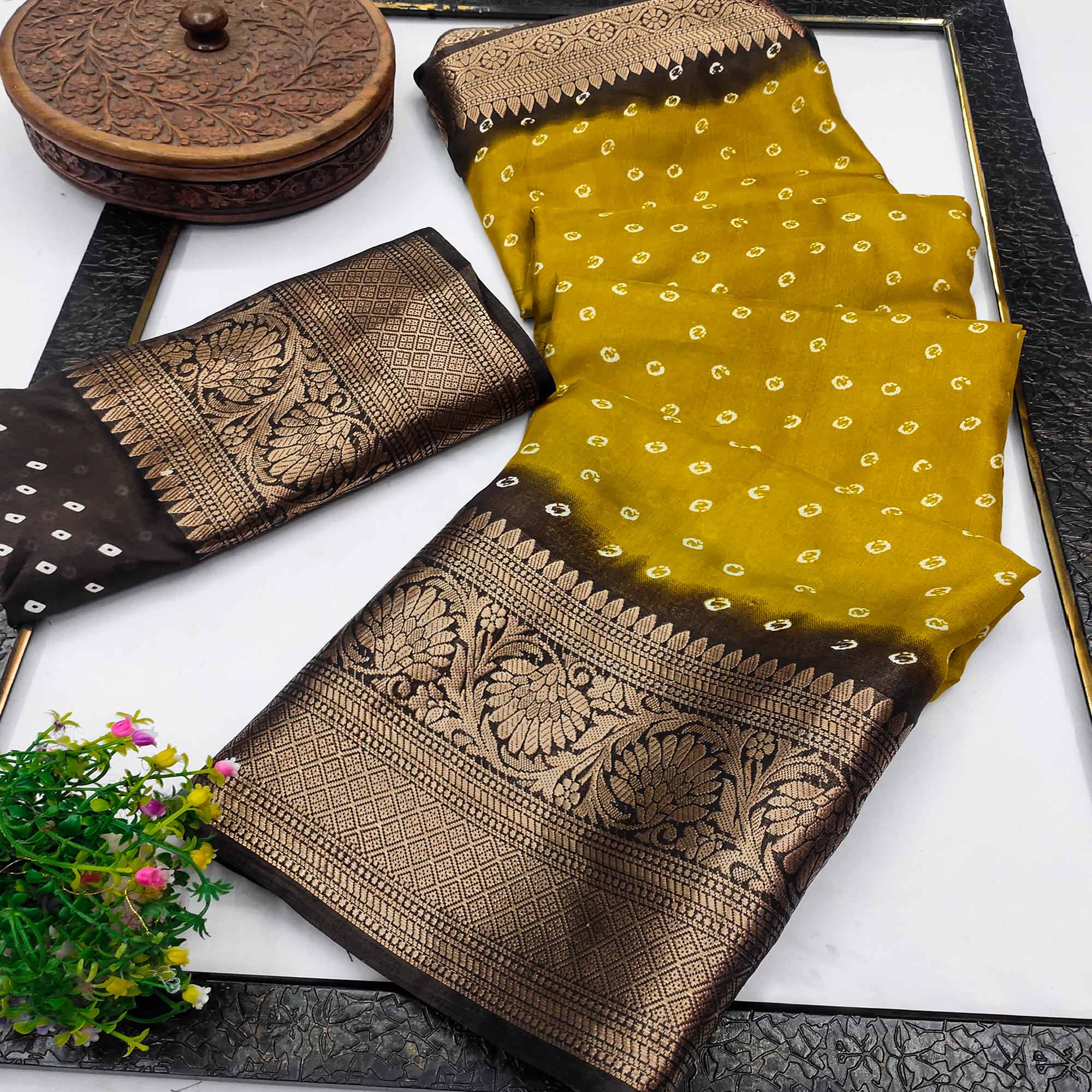 Mustard Bandhani Design Dola Silk Saree with Classic Zari Detailing