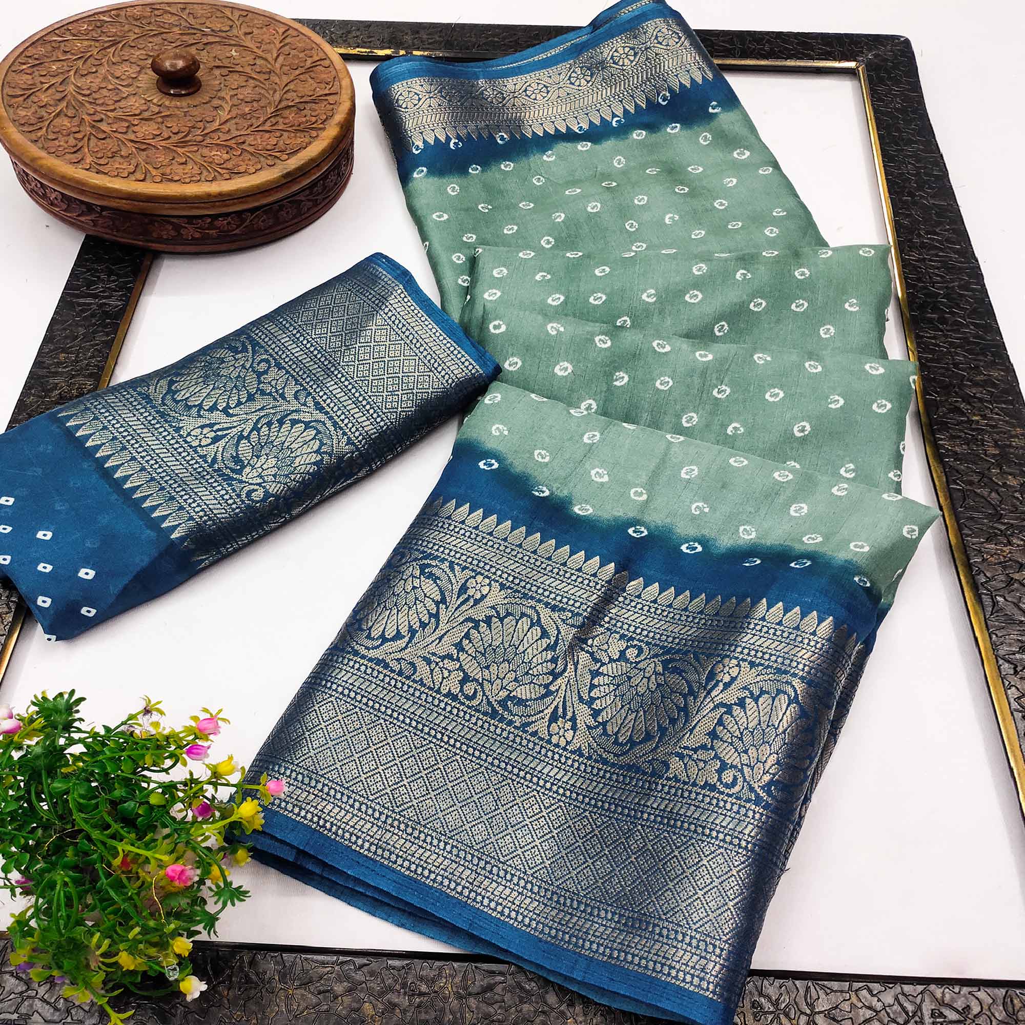 Sea Green Bandhani Design Dola Silk Saree with Classic Zari Detailing