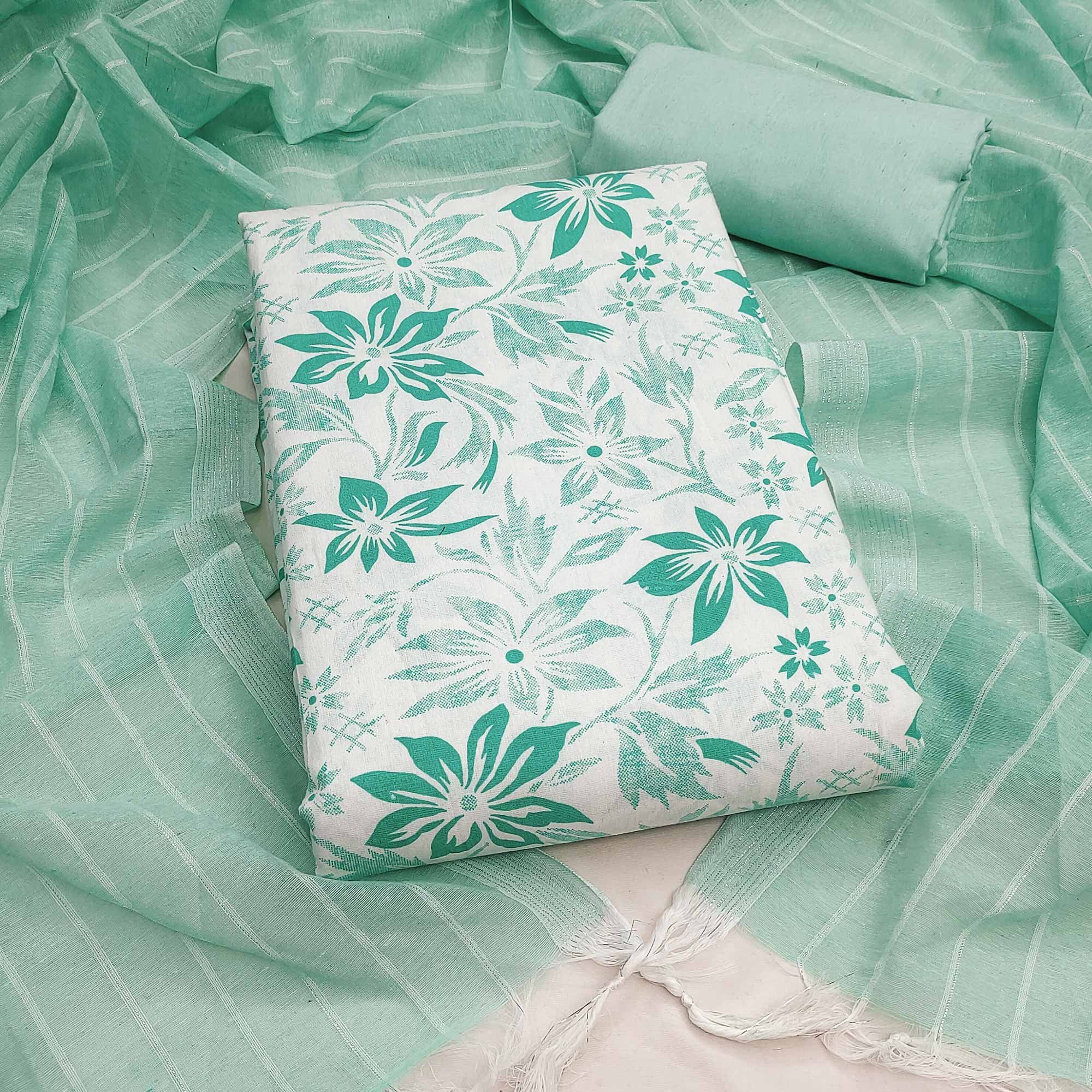 Pure Cotton Green Dress Material with Delicate Floral Prints