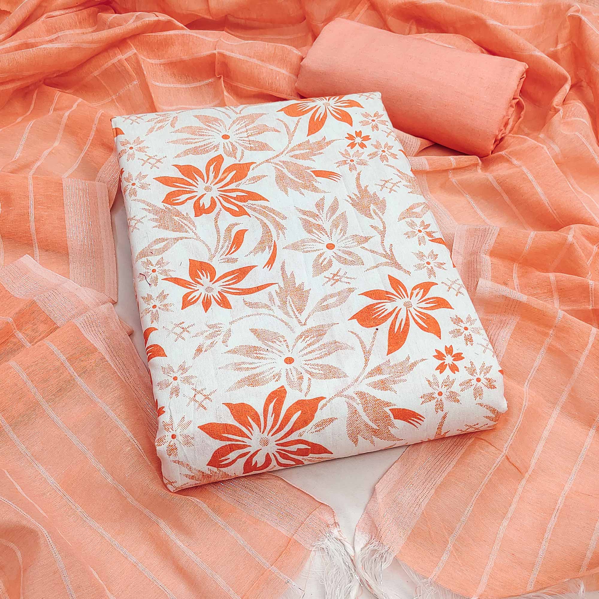 Pure Cotton Orange Dress Material with Delicate Floral Prints