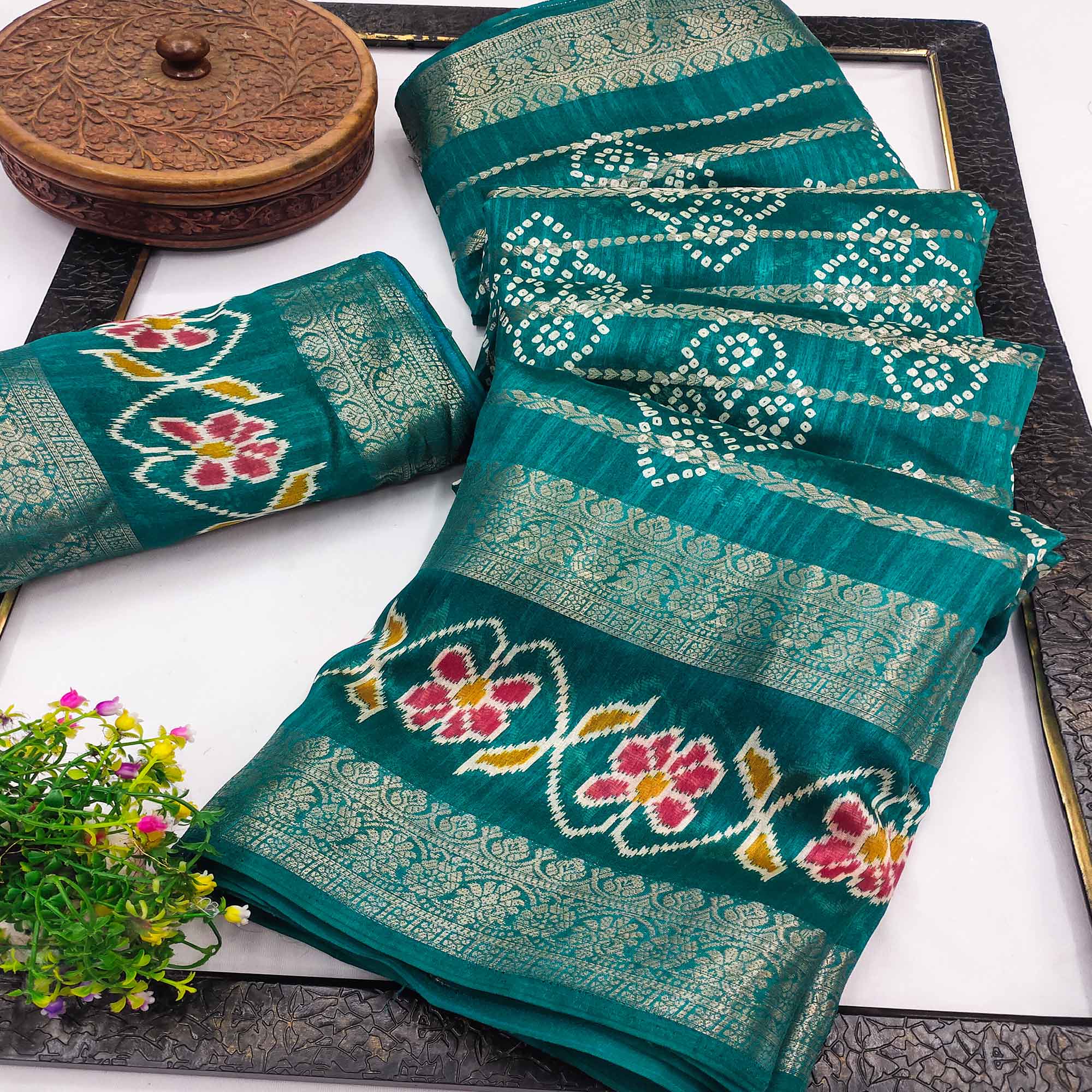 Festive Rama Green Bandhani Print Saree with Rich Zari Detailing