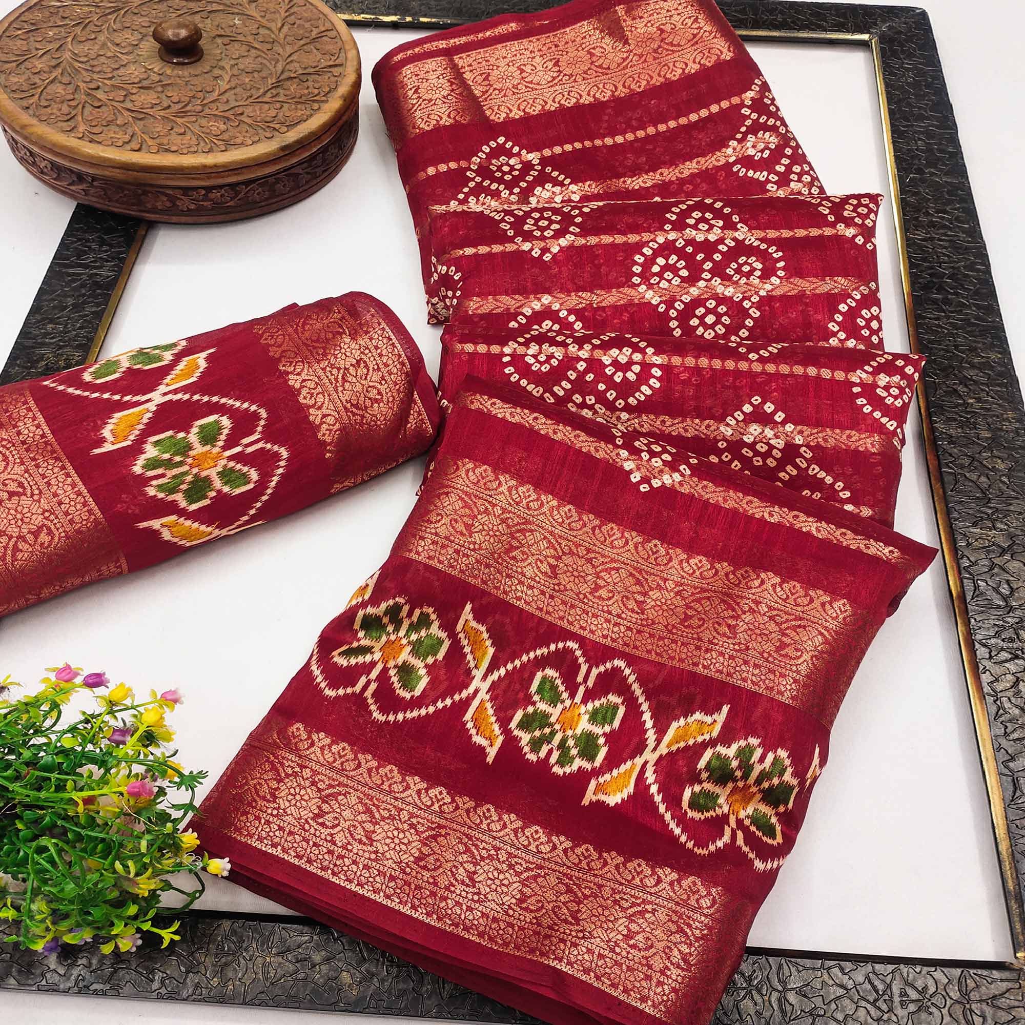 Festive Red Bandhani Print Saree with Rich Zari Detailing