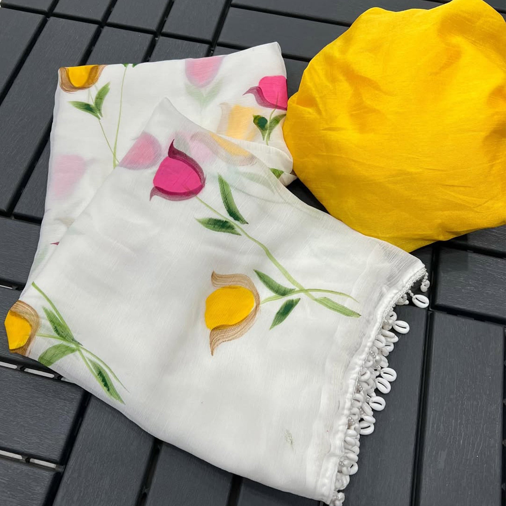 White Floral Printed Georgette Party Wear Saree With Cowrie Shell Edge