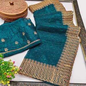 Dark Teal Chiffon Saree with Shimmering Stone Detailing