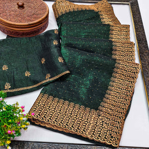 Mehendi Green Chiffon Saree with Shimmering Stone Detailing