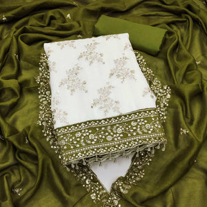 Green and Off White Vichitra Silk Fabric with Embroidered Detailing