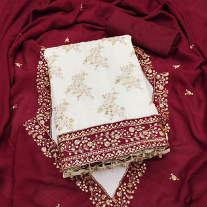 Maroon and Off White Vichitra Silk Fabric with Embroidered Detailing
