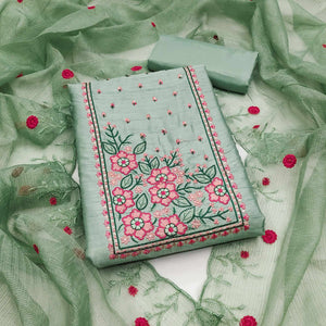 Green Cotton Blend Dress Material Featuring Delicate Floral Embroidery & Sequins Work