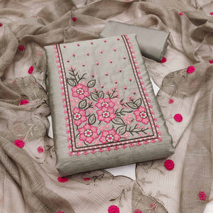 Taupe Cotton Blend Dress Material Featuring Delicate Floral Embroidery & Sequins Work