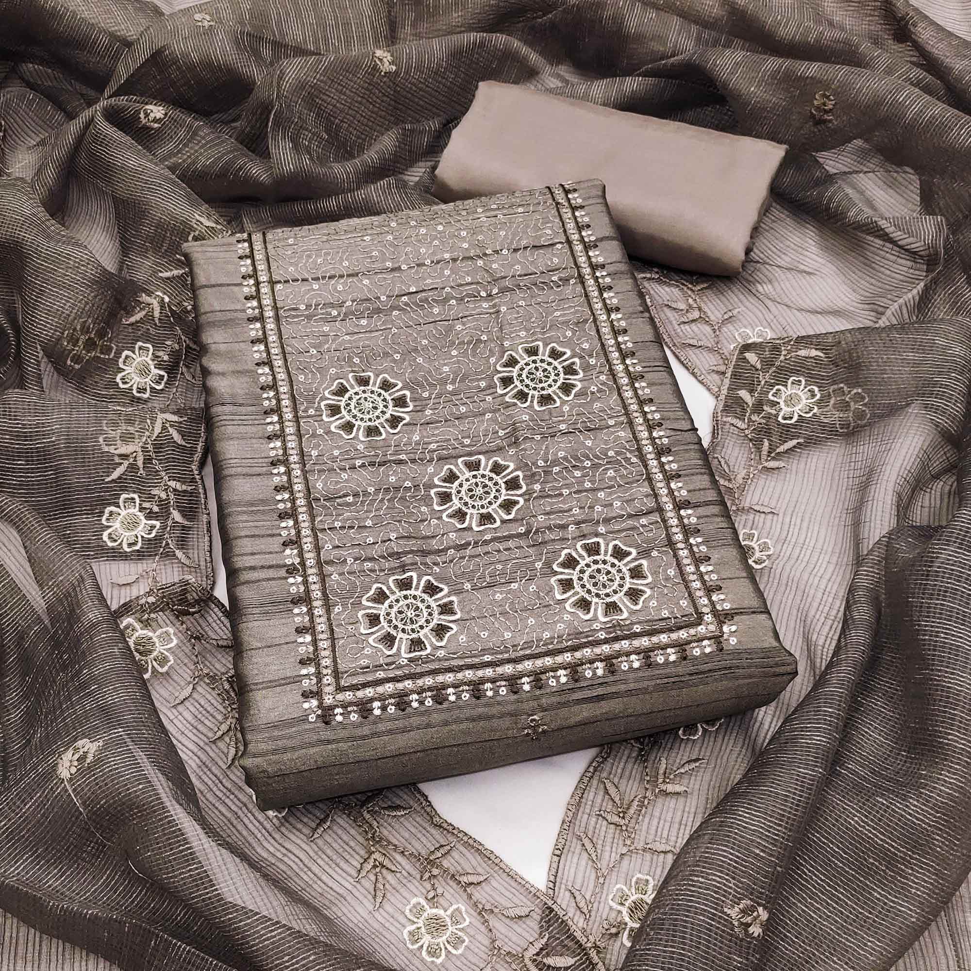 Taupe Elegance In Cotton Blend Dress Material With Floral Thread & Sequin Work