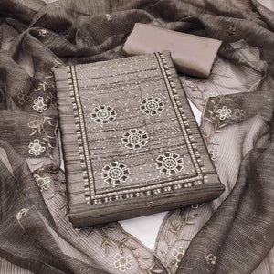 Taupe Elegance In Cotton Blend Dress Material With Floral Thread & Sequin Work