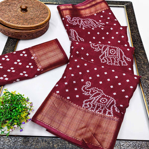 Maroon Dola Silk Saree Featuring Traditional Bandhani Print & Elegant Weaving Border