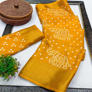 Mustard Dola Silk Saree Featuring Traditional Bandhani Print & Elegant Weaving Border