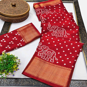 Red Dola Silk Saree Featuring Traditional Bandhani Print & Elegant Weaving Border