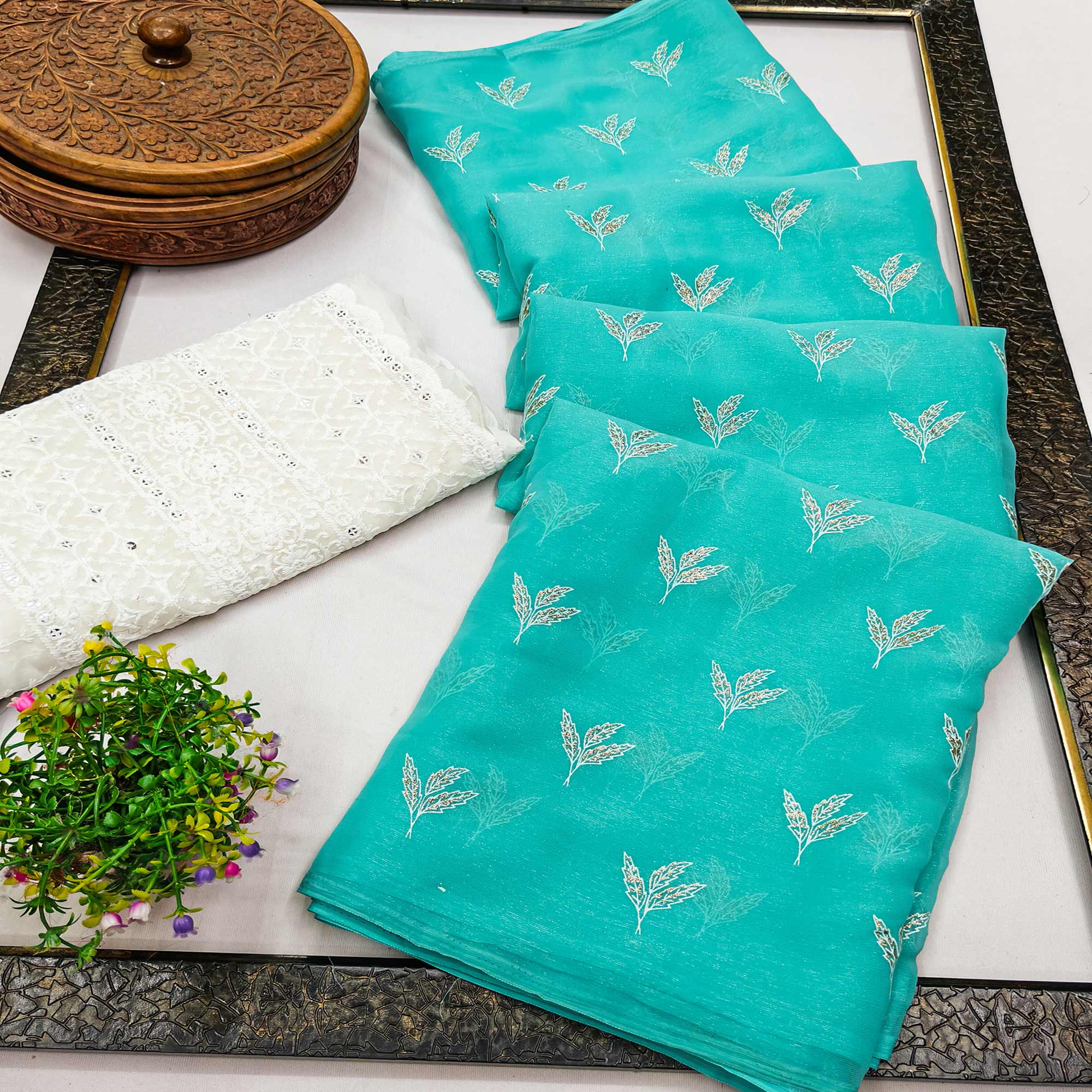 Turquoise Chiffon Saree Adorned With Shimmering Floral Foil Print