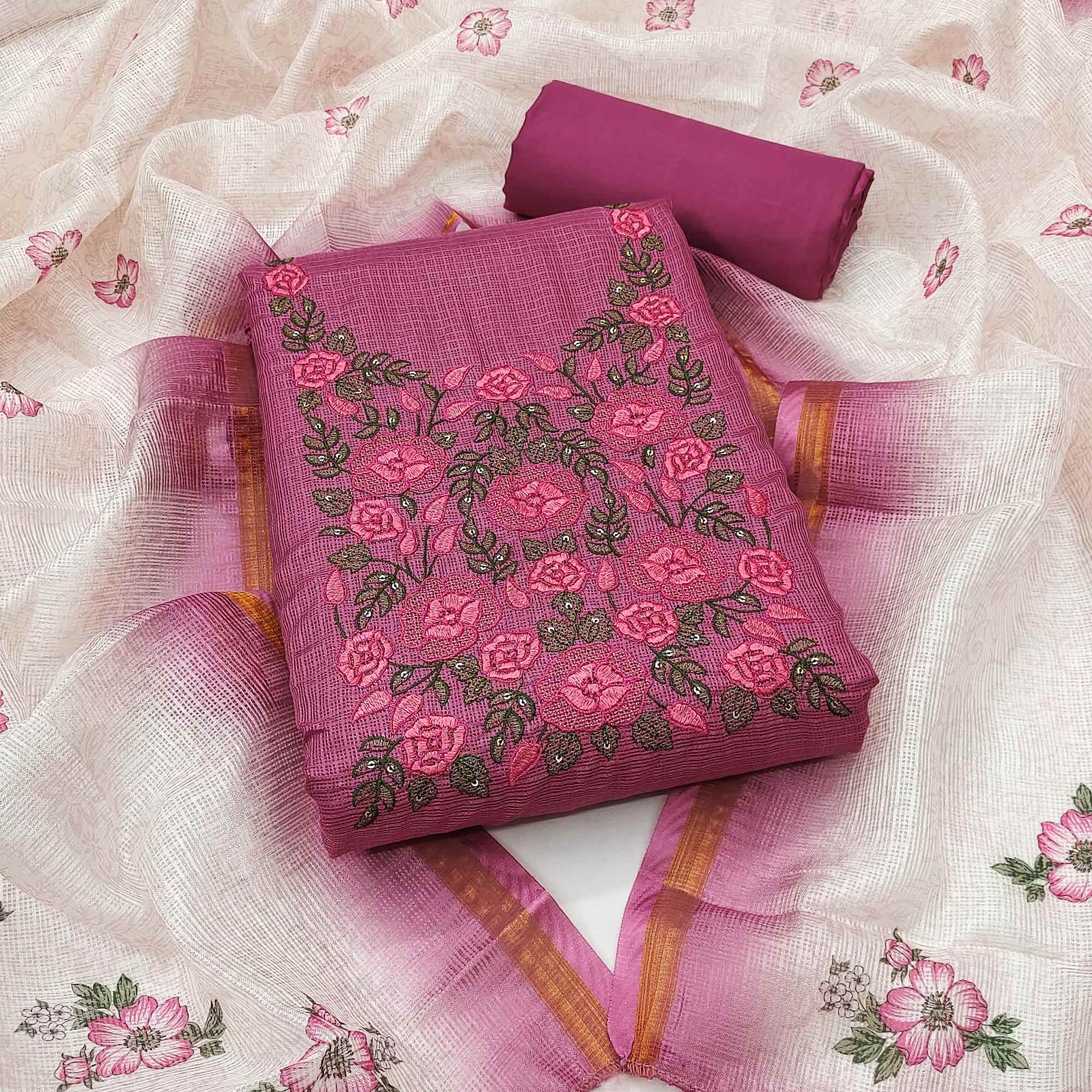 Magenta Kota Doria Dress Material Adorned With Delicate Floral Sequins Embroidery Work