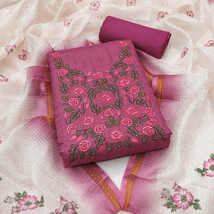 Magenta Kota Doria Dress Material Adorned With Delicate Floral Sequins Embroidery Work