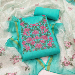 Turquoise Kota Doria Dress Material Adorned With Delicate Floral Sequins Embroidery Work