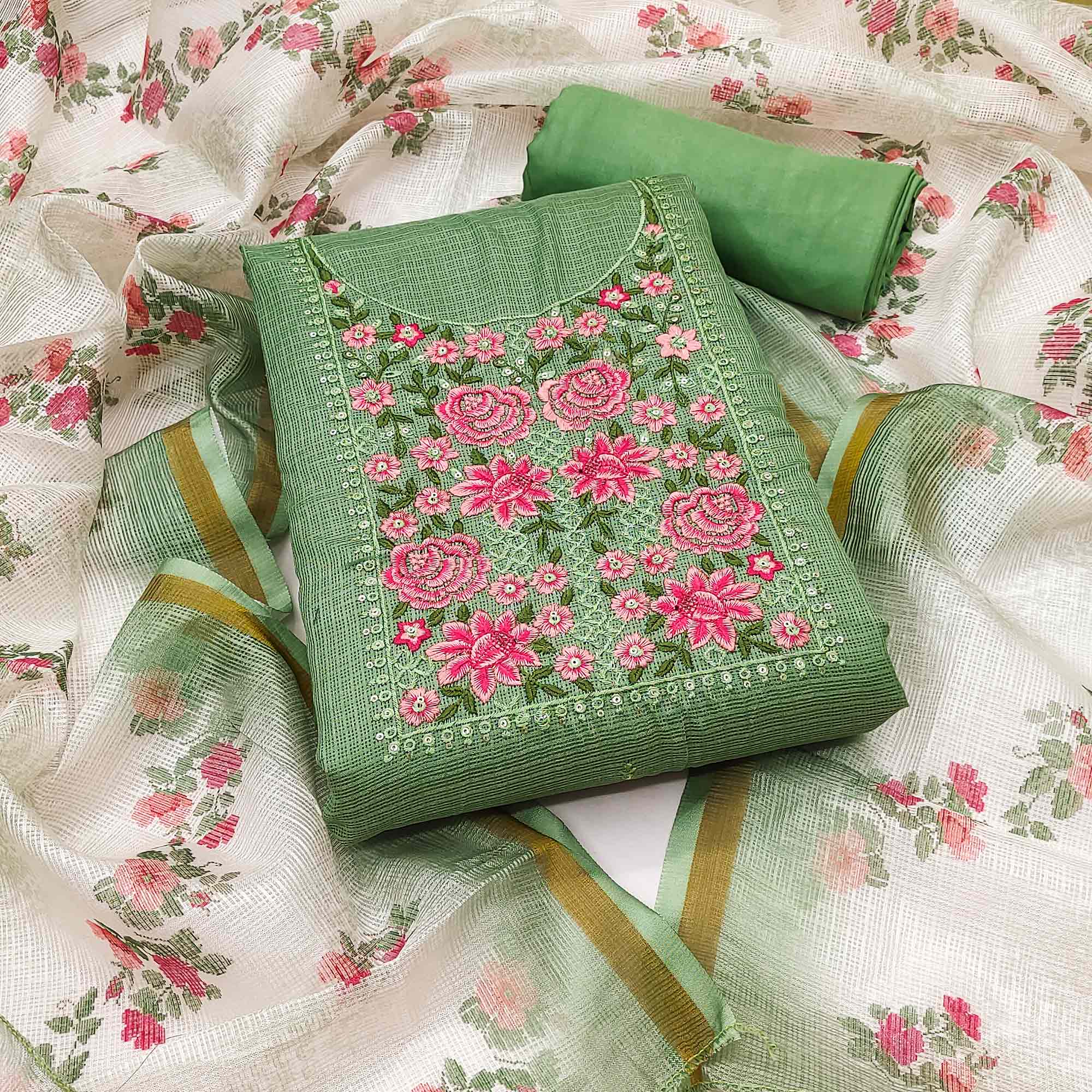 Green Kota Doria Dress Material Featuring Elegant Floral Design With Sparkling Sequins Embroidery