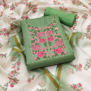 Green Kota Doria Dress Material Featuring Elegant Floral Design With Sparkling Sequins Embroidery