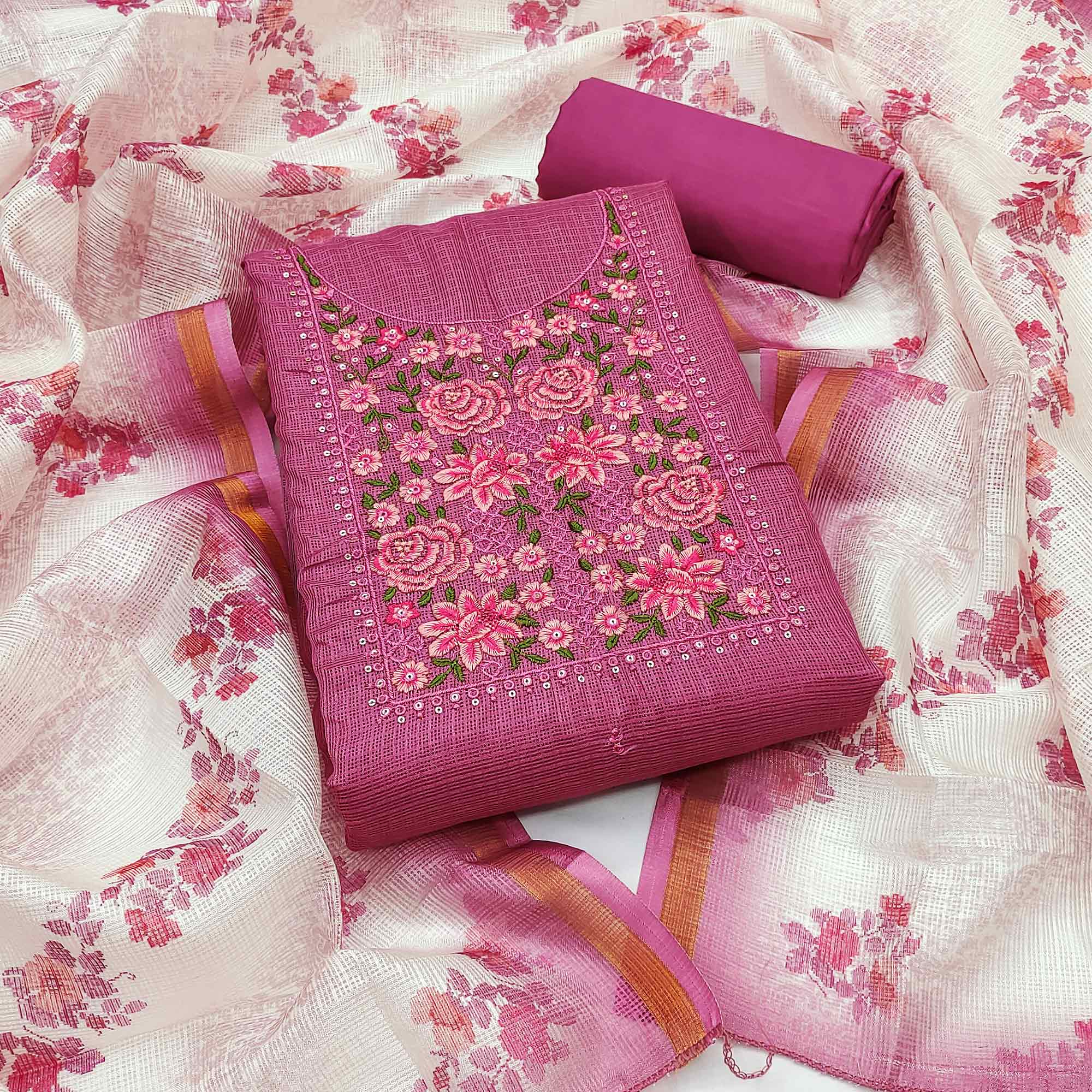 Magenta Kota Doria Dress Material Featuring Elegant Floral Design With Sparkling Sequins Embroidery