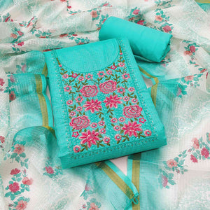 Turquoise Kota Doria Dress Material Featuring Elegant Floral Design With Sparkling Sequins Embroidery
