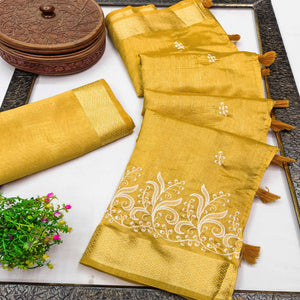 Mustard Art Silk Saree Adorned With Delicate Floral Embroidery & Stylish Tassel Pallu