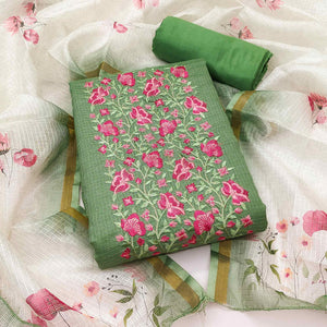 Green Kota Doria Dress Material With Intricate Floral Motifs & Sparkling Sequins Embroidery